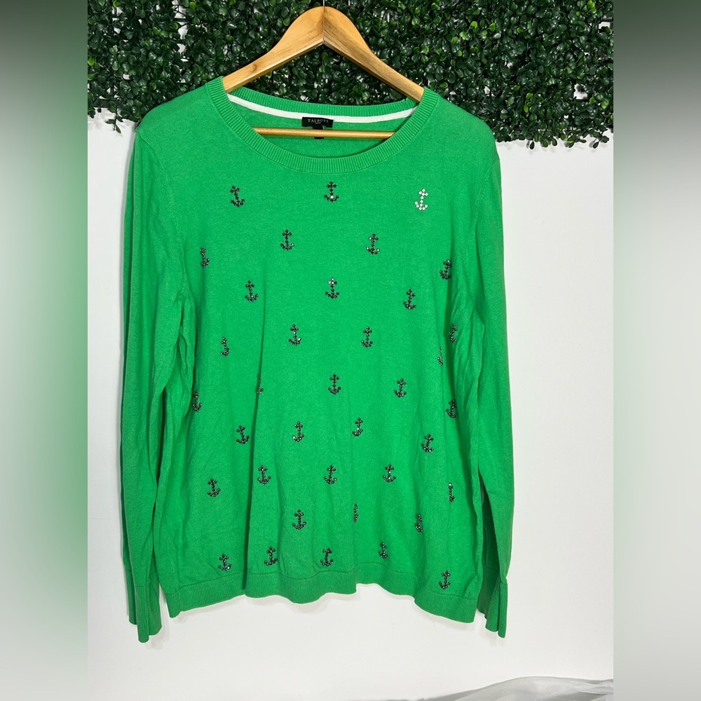TALBOTS - Rhinestone Embellished Anchor Coastal Sweater Cotton Wool 2X Green